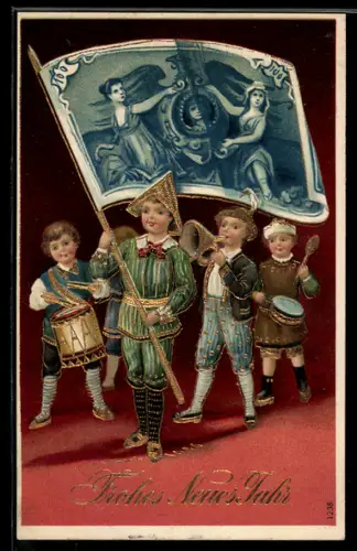 AK Reichsbanknote 100 Mark auf Fahne, Kinder musizieren zum Neuen Jahr, Geld