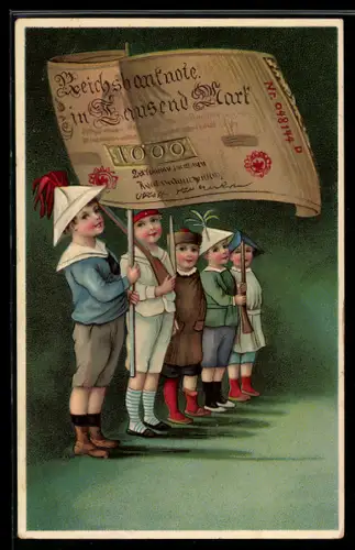 AK Reichsbanknote 1000 Mark auf Fahne, Kinder stehen Spalier, Geld