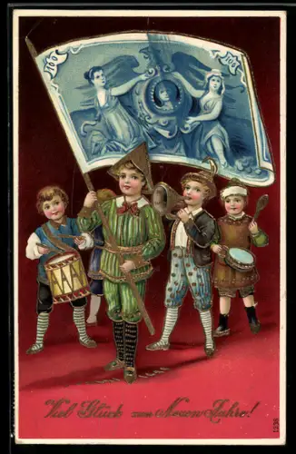 AK Kinder mit Geld-Fahne, Neujahrsgruss