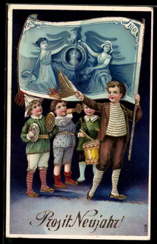 AK Kinder mit Tschingerassabumm und grosser Geldfahne - Neujahrsgruss