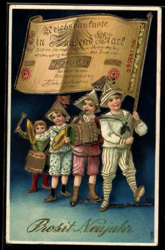 AK Reichsbanknote 1000 Mark auf Fahne, Kinder musizieren zum Neuen Jahr, Geld