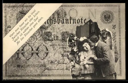 AK 100 Mark Reichsbanknote und Liebespaar