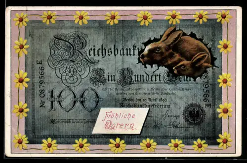 Künstler-AK Berlin, Hasen durch zerrissenen Geldschein, Ostergruss