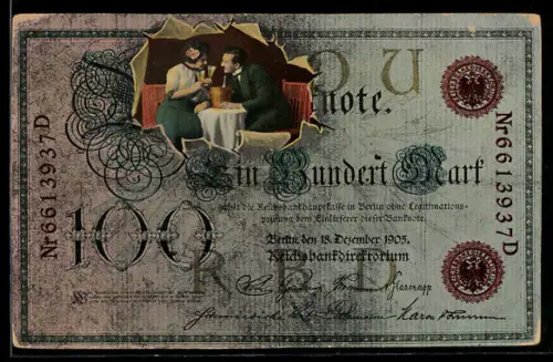 AK Einhundert Mark Note mit Sekt trinkendem Paar