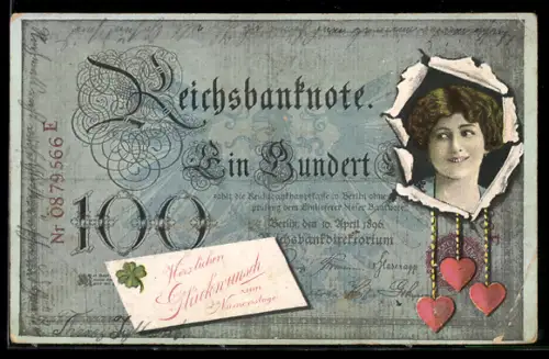 Künstler-AK Berlin, Frau durch zerrissenen Geldschein, Glückwunsch zum Namenstag