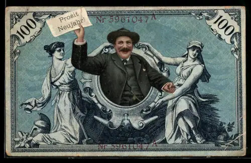 AK Mann durch Rahmen im Geldschein, Neujahrsgruss