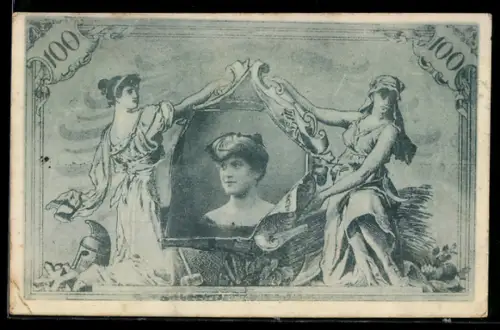 AK fiktiver Geldschein mit Damenporträt u. dem Wert 100