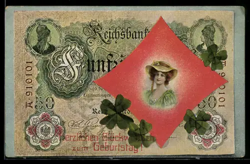 AK Geldschein mit Dame auf Karo-Zeichen, Kleeblätter, Geburtstagsgruss