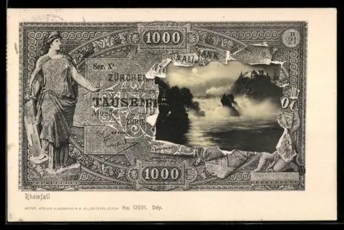 AK Rheinfall, Teilansicht in der Nacht durch einen Tausender