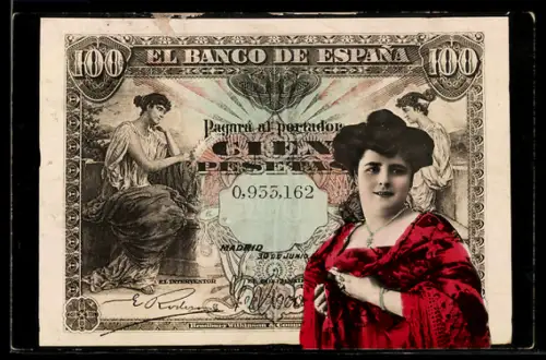 AK Madrid, Geldscheine und Frauenportrait