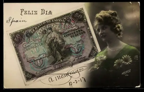 AK Madrid, Geldschein und Frauenportrait