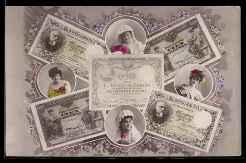 AK Madrid, Geldscheine und Frauenportraits
