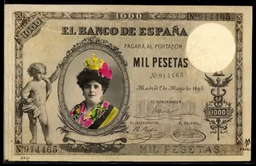 AK Madrid, Frauenportrait auf einem Geldschein