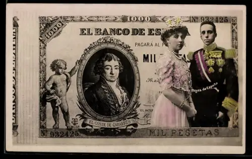 AK Madrid, Geldschein mit dem Königspaar von Spanien