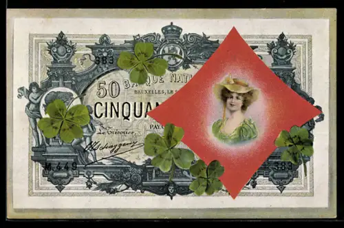 AK Geldschein Bruxelles mit Kleeblättern und Damenporträt