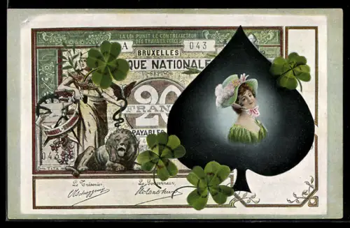 AK Belgische Banknote mit Glücksklee und Damenbüste im Pik