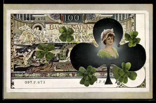 AK Belgischer Geldschein mit Damenporträt und Kleeblättern