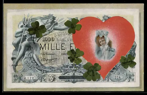 AK Geldschein, geschmückt mit Kleeblättern und dem Portrait einer Dame in einem Herzen