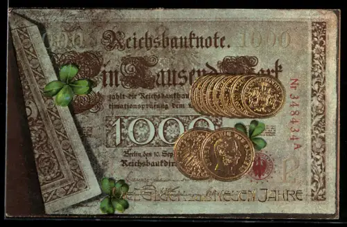 Präge-AK Berlin, Geknickter Geldschein mit Münzen, Kleeblätter, Neujahrsgruss