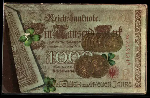 Präge-AK Berlin, Geknickter Geldschein mit Münzen, Kleeblätter, Neujahrsgruss