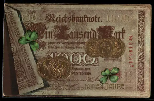 AK Münzen und Geldschein mit Kleeblättern