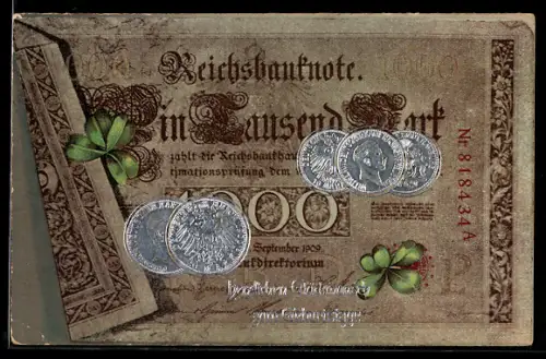 Präge-AK Berlin, Geknickter Geldschein mit Münzen, Kleeblätter, Geburtstagsgruss