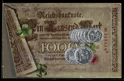 Präge-AK Berlin, Geknickter Geldschein mit Münzen, Kleeblätter, Neujahrsgruss