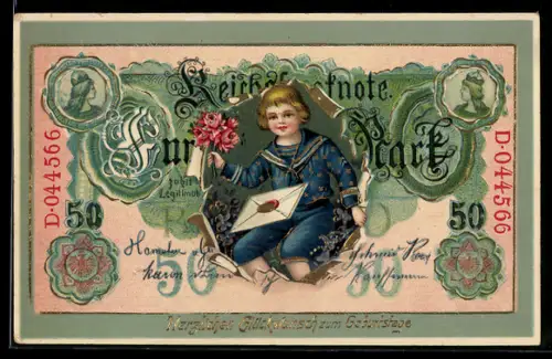 AK Reichsbanknote 50 Mark, Junge im Matrosenanzug gratuliert mit Brief zum Geburtstag