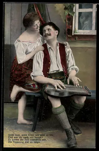 AK Paar in Tracht mit Zither