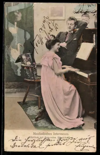 AK Hübsche Frau am Klavier, neben ihr ein Mann