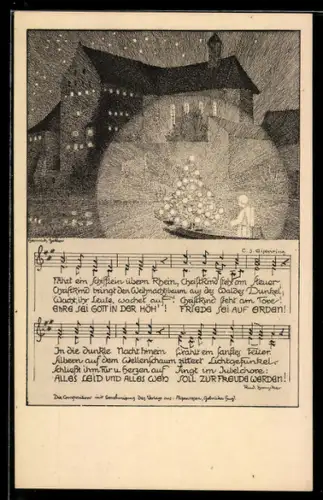 Künstler-AK sign. Heinr. Zeller: Engel bei erleuchtetem Weihnachtsbaum mit Liedtext, In die dunkle Nacht hinein...