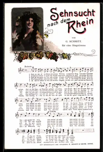 AK Attraktive Frau mit Lied Sehnsucht nach dem Rhein von G. Schmitt