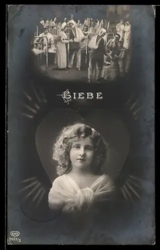 AK Portrait eines Mädchens unter verwundeten Soldaten im Lazarett, Allegorie