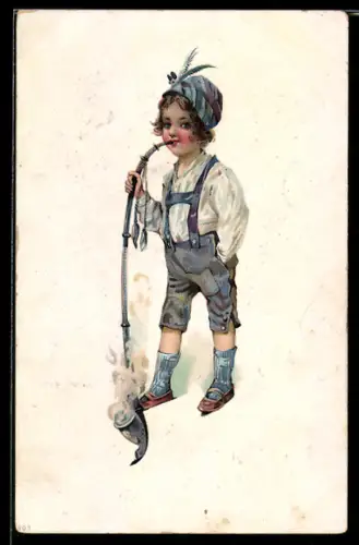 AK Kind mit Latzhose raucht eine Pfeife