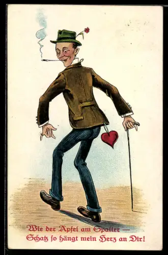 AK Mann mit Gehstock raucht eine Zigarette