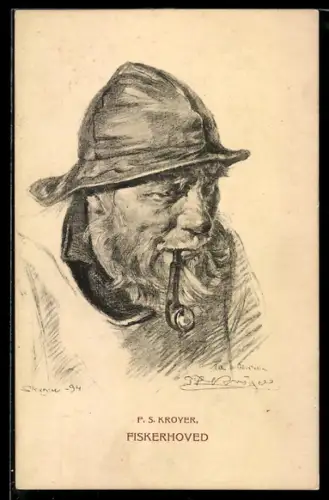 Künstler-AK sign. P. S. Kroyer: Fischer mit vollem Bart raucht eine Pfeife