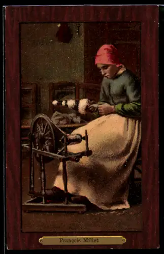 Künstler-AK sign. Francois Millet: Frau sitzt am Spinnrad