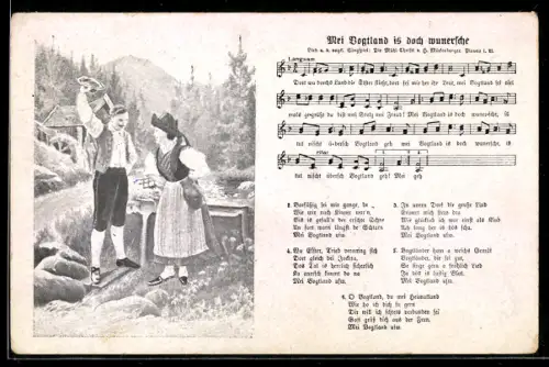 Lied-AK Hilmar Mückenberger: Mei Vogtland is doch wundersche in Text- und Notenzeilen, Liebespaar in Tracht