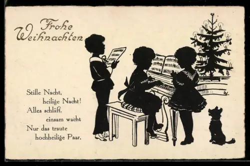 AK Kinder und Hund am Klavier, Scherenschnitt