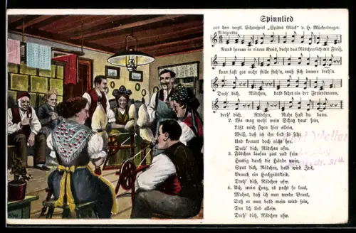 Lied-AK Hilmar Mückenberger: Spinnlied, Frauen am Spinnrad und Männer