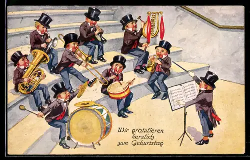 Künstler-AK Kinderkapelle mit Blasinstrumenten und gewaltiger Trommel