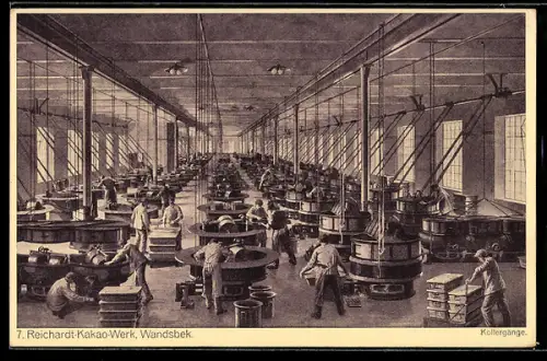 AK Hamburg-Wandsbek, Arbeiter in den Kollergängen der Reichardt-Kakao-Werke