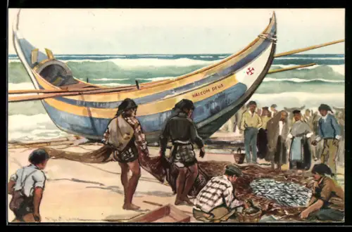 AK Fischer am Ufer vor einem Boot