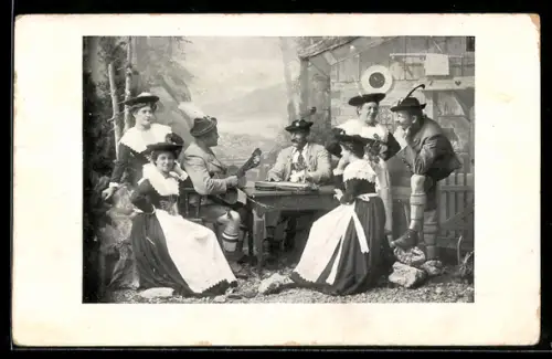 AK Fröhliche Gesellschaft in Trachten mit Zither