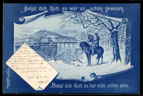 Lithographie Reiter stösst in eine Trompete, Behüt Dich Gott!