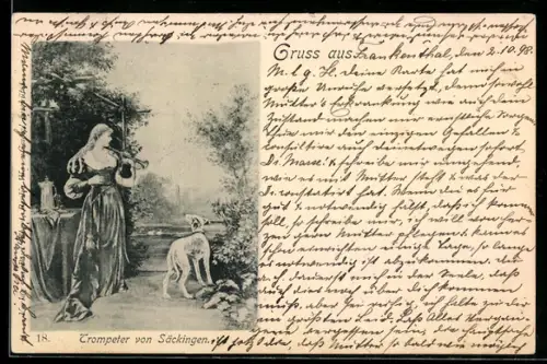AK Frau mit Trompete bei einem Hund, Trompeter von Säckingen, Behüt Dich Gott!