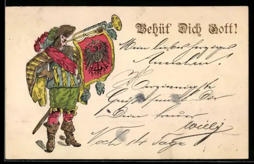 Präge-Lithographie Mann stösst in eine Trompete mit Reichsadler, Behüt Dich Gott!