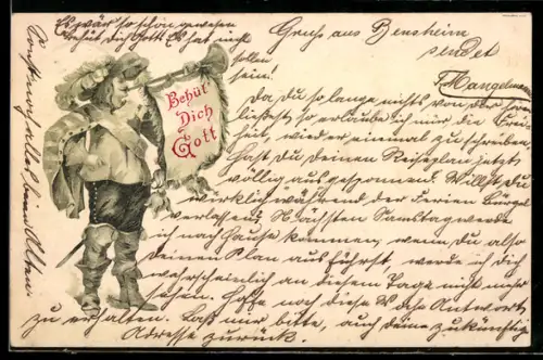 Lithographie Mann stösst in eine Trompete, Behüt Dich Gott!