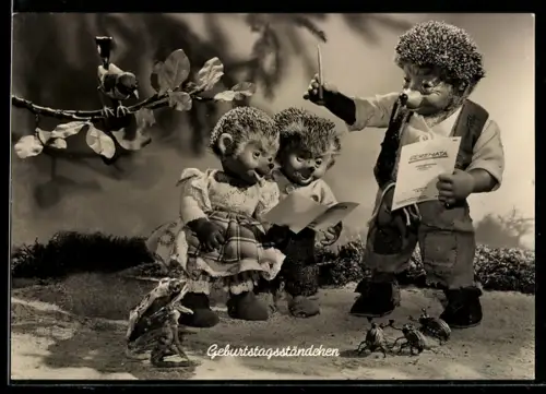 AK Igel Mecki und seine Kinder geben ein Geburtstagsständchen, Frosch