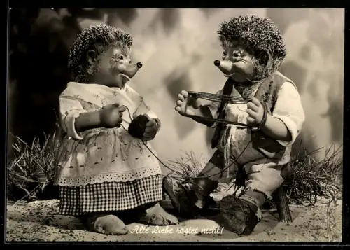 AK Alte Liebe rostet nicht! Mecki-Paar beim Wolleaufrollen